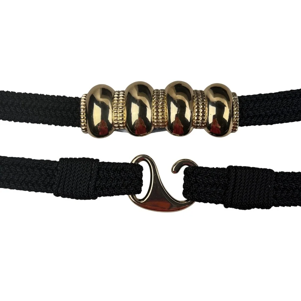 Vintage Style Black Braided Stretch Belt Gold Bead Hardware Cinch Waist 40 Inch